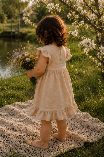 Mamatti SA50415 vestido infantil de muselina beige, ligero y transpirable