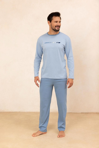 Regina 494 azul - pijama de algodón de manga larga para hombre, corte clásico