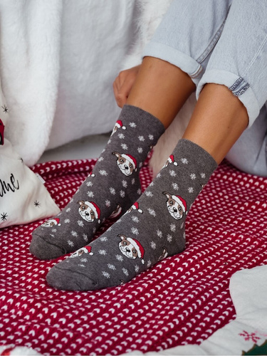 Milena -039 Calcetines - calcetines festivos de mujer con bulldogs y copos de nieve, melange oscuro