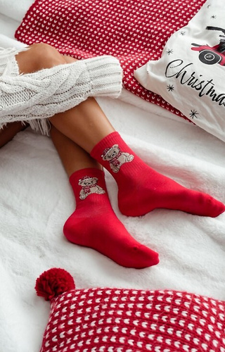 1283-031 Calcetines de mujer Milena rojo - osito de Navidad, algodón