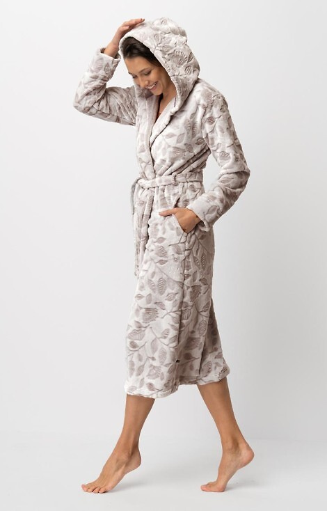 LGL 545 Bata de mujer Key ecru-mocca - suave, con capucha, atada a la cintura