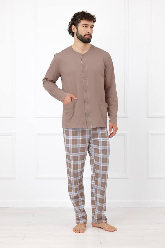 Italian Fashion Wilhelm Pijama para Hombre 100% Algodón Botones Cuadros - cappuccino