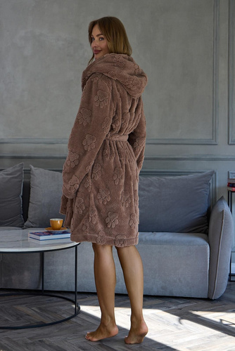 L&L Fibi 2634 Bata corta de mujer con capucha, suave, estampado de huellas de perro, color chocolate