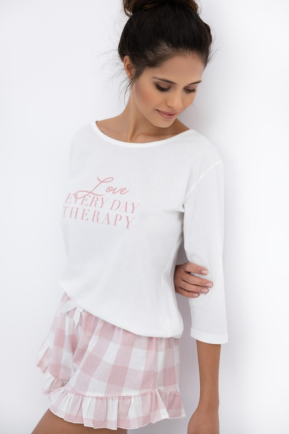 Emily Sensis - Pijama de algodón para mujer | Camisa 3/4 y pantalón corto a cuadros con ribete de volantes