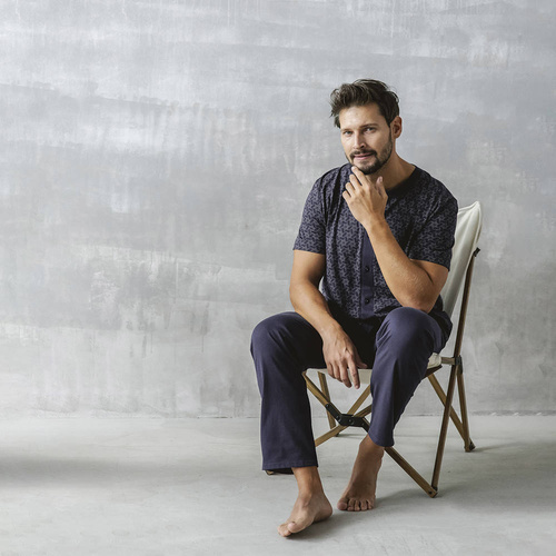 Ricardo Pijama de hombre manga corta, pantalón largo Moda Italiana - azul marino