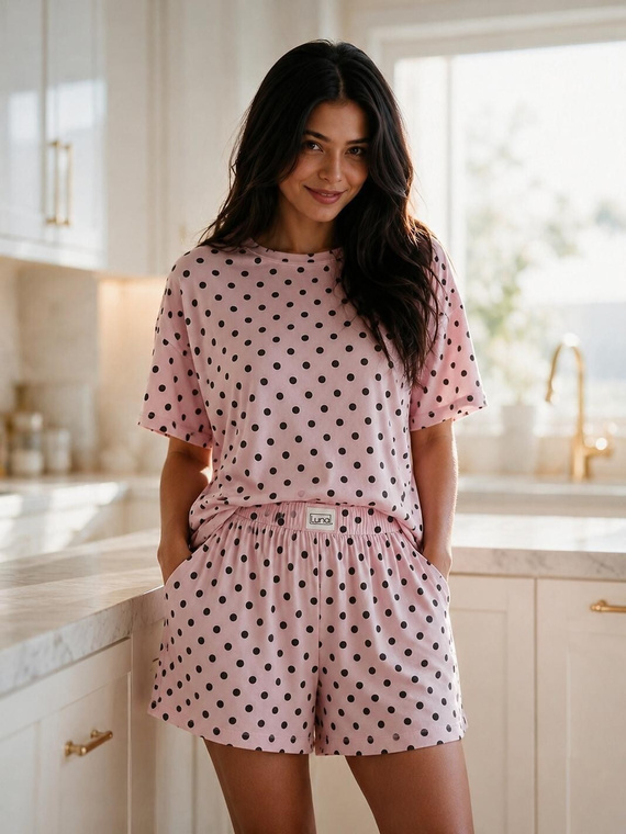 Luna 1311 Pijama de mujer corta de algodón con lunares 100% algodón rosa