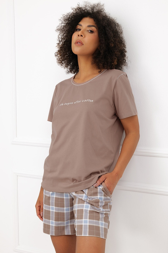 Pijama de mujer Italian Fashion Delma 100% algodón cuadros pantalones cortos con bolsillos cappuccino
