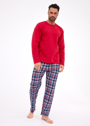 124/312 Ready 3 Cornette granate - pijama de algodón para hombre, manga larga, pantalón a cuadros
