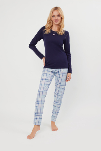 Pijama Adriana Mujer manga larga, pantalón largo Moda Italiana - azul marino/estampado