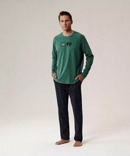 Pijama de hombre NMP-390 Verde atlántico y azul marino - algodón, manga larga, cómodo y cálido para las noches más frescas