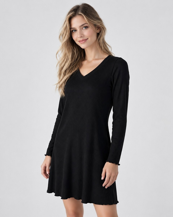 Eladar Greya Camiseta de Mujer Negra de Viscosa con Canalé y Encaje, Escote en V