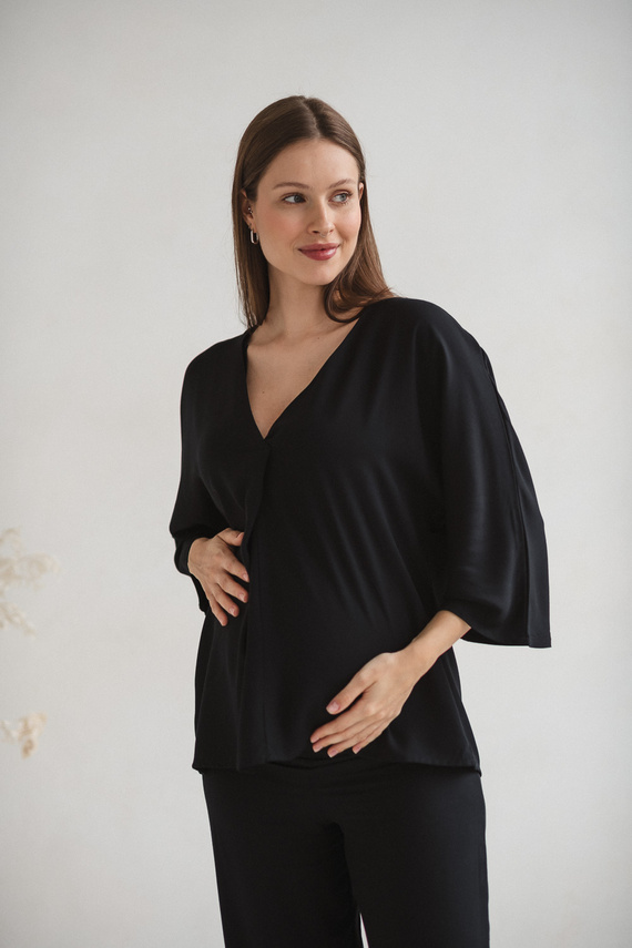 Mamafullness Blusa de embarazada para lactancia Milk&Love negra- viscosa, manga 3/4, oversize