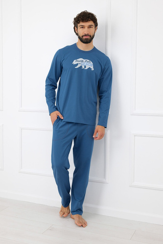 Pijama para hombre Italian Fashion Kasim 100% algodón, larga, con bolsillo de oso - vaquera