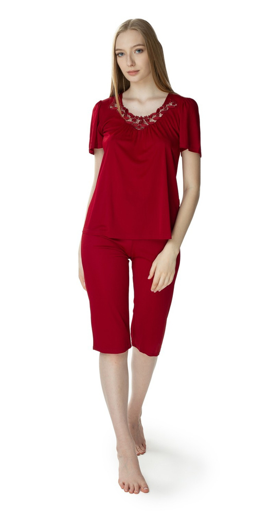 3639 Matylda Pijama de mujer Mewa de seda burdeos-viscosa, producto polaco, largo 3/4