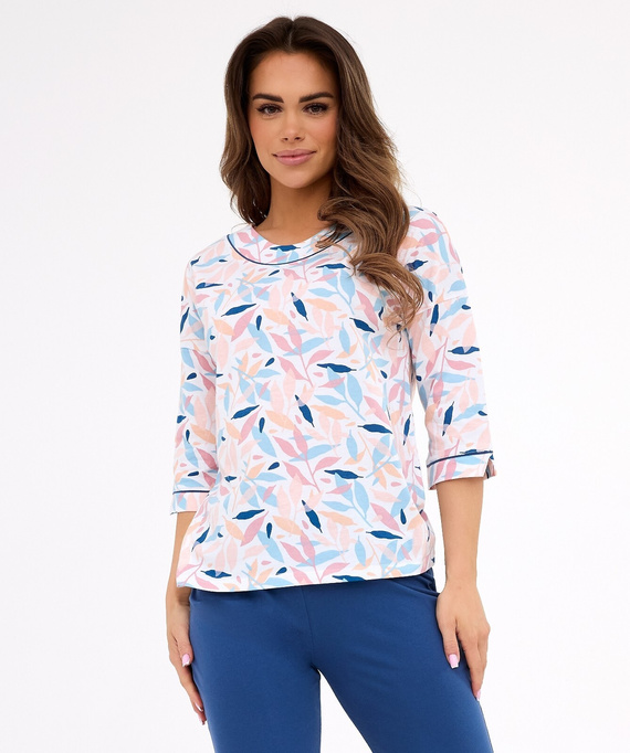 Amelia 732/452 Cornette pijama mujer plumilla azul - algodón, manga 3/4, comodidad y estilo