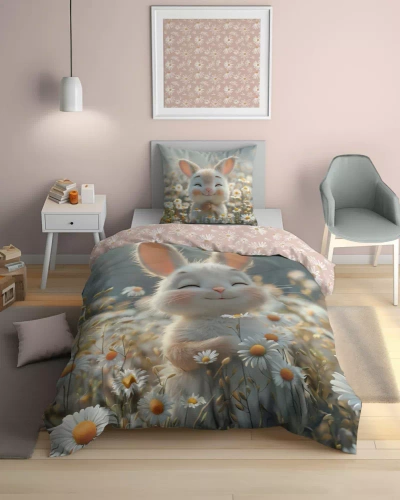 5548 A Fluo 95 Ropa de cama conejito luminoso en flores 100% algodón | Para niños Detexpol