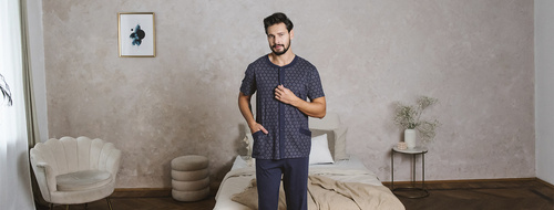 Ricardo Pijama de hombre manga corta, pantalón largo Moda Italiana - azul marino