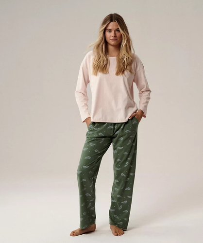 Pijama Mujer NLP-501 Atlantic rosa-verde - 100% Algodón Efecto Melocotón, Manga Larga, Pantalón con Bolsillos | Calor y Confort Premium