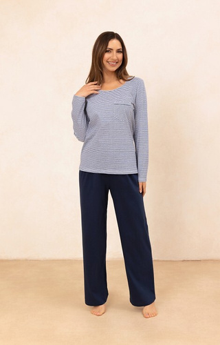715 Pijama señora Regina azul marino - algodón, camisa a rayas con bolsillo