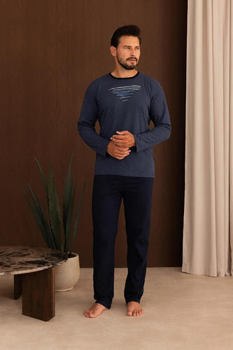 Pijama para hombre Regina 6007 100% algodón larga con gráfico azul marino