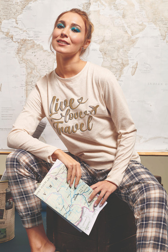 Bessy Pijama de mujer Sorbetto beige - jersey, estampado dorado, pantalón a cuadros