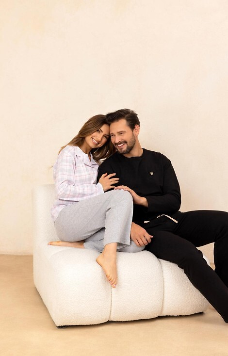 727 Pijama de señora Regina gris - 100% algodón, a cuadros, camisa con botones