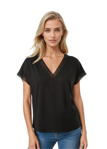 Elegante blusa de mujer Flaviana Eldar negra | Cinta calada, escote en V, viscosa elástica | Ideal para estilismos informales