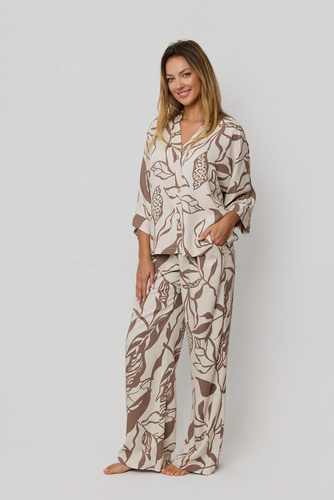 Pijama de mujer Luna PX63 Mefemi by Nipplex mocha - 100% Viscosa, Estampado vegetal, Botones, Pantalón largo | Premium Comfort