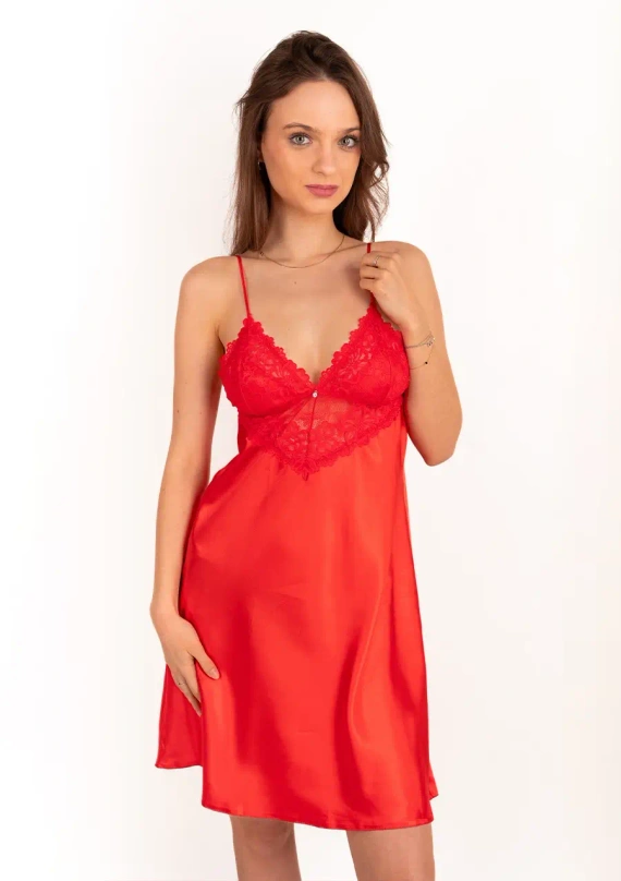 Camisón corto elegante Dkaren Alice de satén con encaje y tirantes - rojo