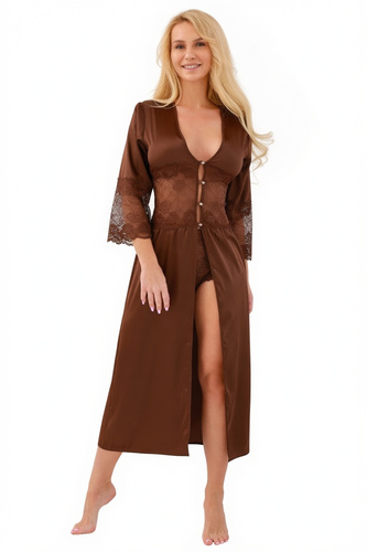 Peniuar de mujer Kalimo Mindanao largo satinado con encaje y shorts - brown mono