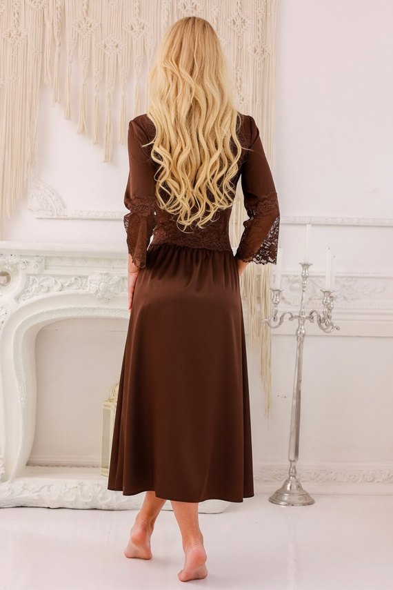 Peniuar de mujer Kalimo Mindanao largo satinado con encaje y shorts - brown mono