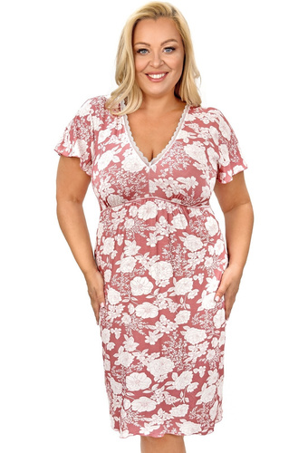 Camisón de señora Tina Plus Donna rosa empolvado - elegante camisón de viscosa con estampado floral, escote en V con encaje, manga corta mariposa