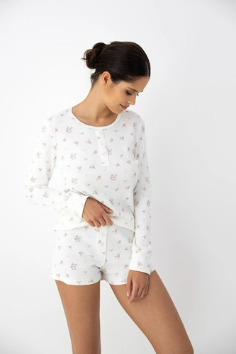 Pijama de mujer Sensis Mireya de algodón con flores, manga larga y pantalones cortos ecru
