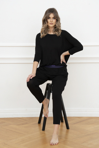 Estilo Conjunto de manga 3/4 para mujer, largo.pantalones moda italiana negro