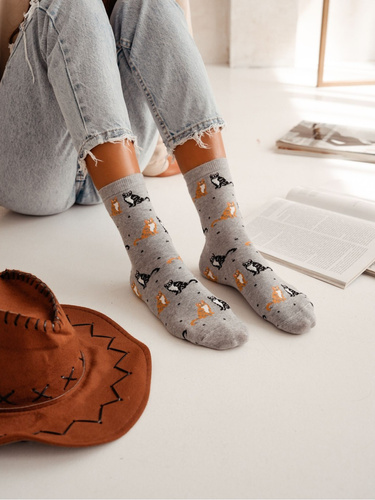 0200-171 Calcetines de mujer Milena - con gatos y lunares - gris