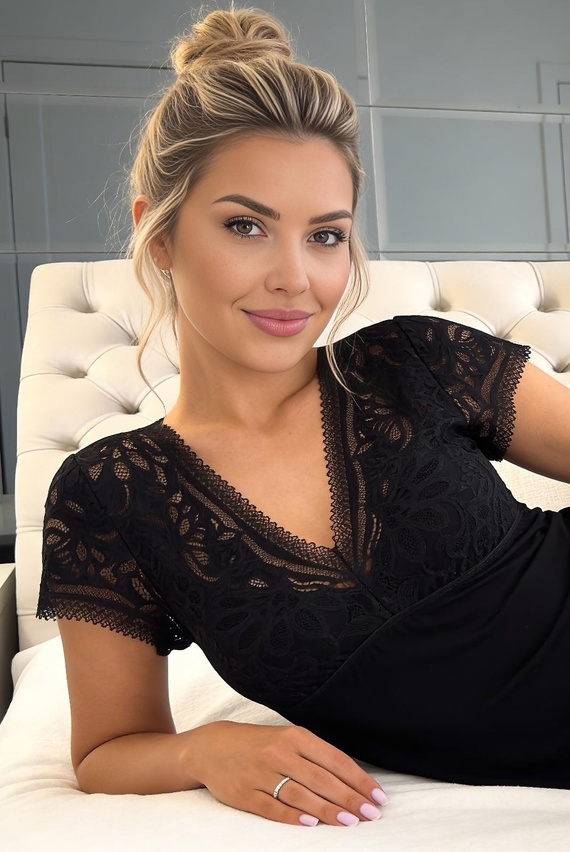 Camisón Elena Donna viscosa encaje elegante suave escote en V negro