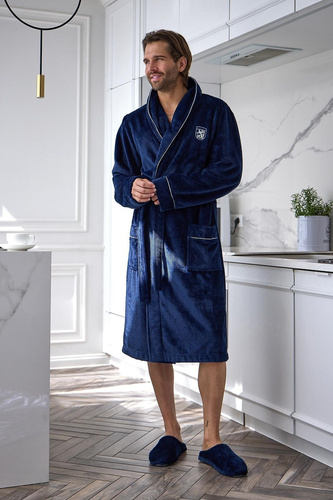L&L 2661 Elegante Bata de Hombre Clásica con Cuello Chal Suave azul marino