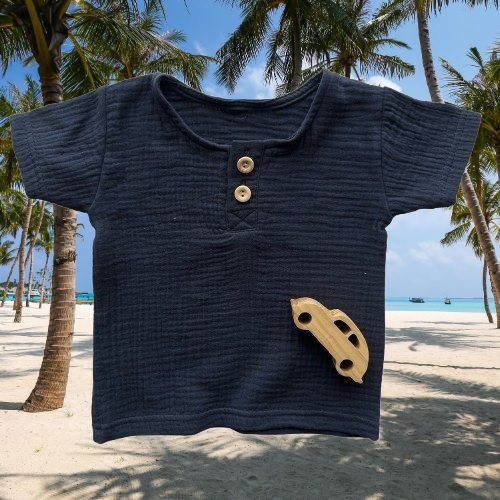 BL55105 Mamatti blusa polo de muselina azul marino manga corta con botones