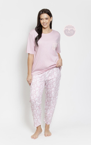 Pijama de mujer 3569 Adria Taro rosa - Pijama de algodón con bolsillo de encaje, 7/8