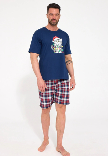 Cornette Cat Christmas 326/329 Pijama corta para hombre azul marino 100% algodón