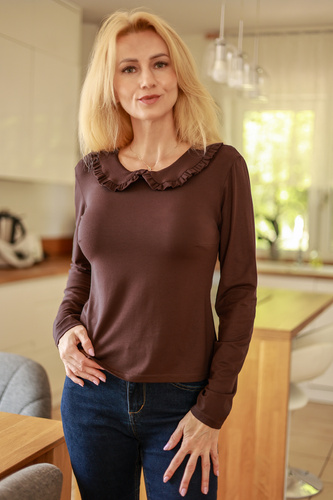 Mirale Anna Blusa de viscosa para mujer con volante y cuello - marrón