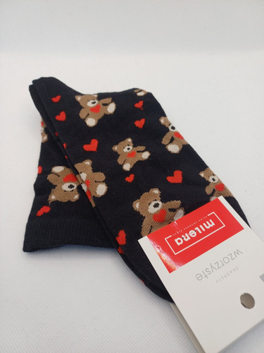 0200-202 Calcetines de mujer Milena Ositos de peluche con corazones San Valentín algodón negro, bonito dibujo, 37-41