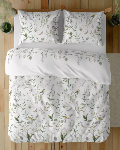 5500 A Ropa de cama de algodón blanco con ramas verdes y pájaro Naturalis- Detexpol