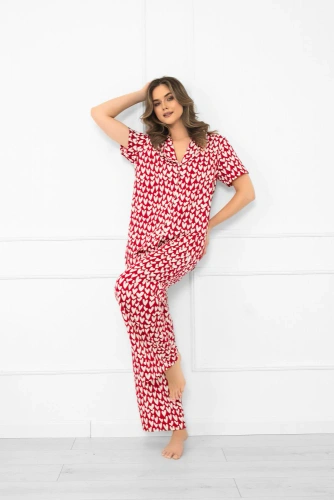 Ksenia Italian Fashion - pijama de mujer de algodón con corazones, camisa abotonada, pantalón largo con bolsillos