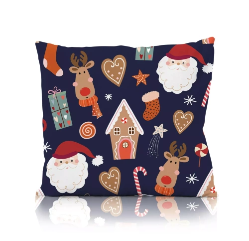 Holly Jolly Faro Funda de almohada decorativa de Navidad - microfibra, azul marino con Papá Noel y casa de pan de jengibre