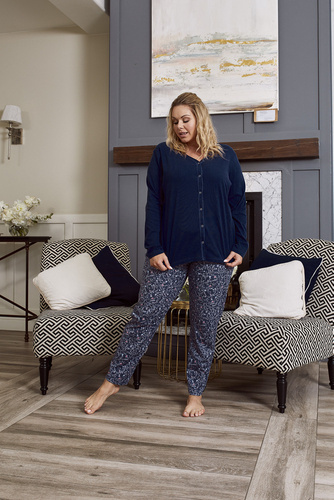 Sajna Pijama señora manga larga, pantalón largo Moda Italiana - azul marino/estampado