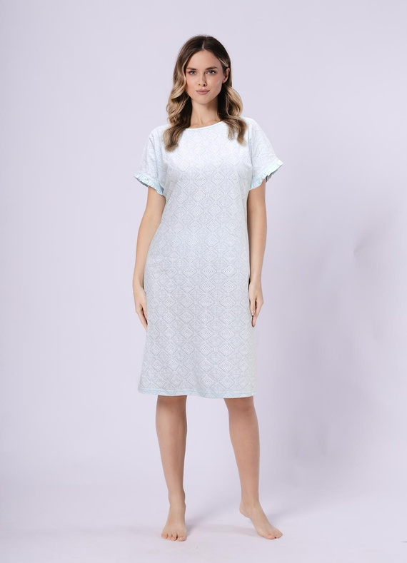 Camisón de señora 1730 Clea Leveza menta | 100% algodón | Estampado oriental, manga corta con volante, largo antes de la rodilla Composición: 100% algodón