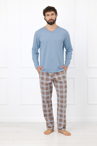 Italian Fashion Dante Pijama para Hombre de Algodón Pantalón Largo a Cuadros - acero