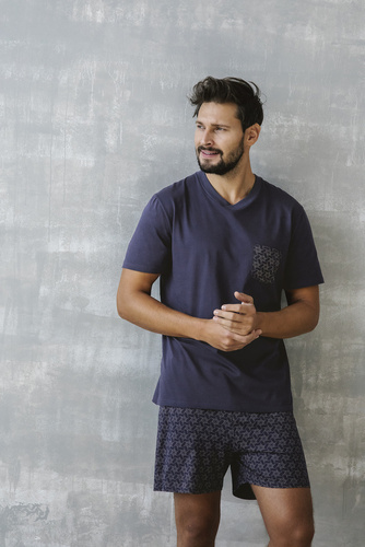 Diaz Pijama de manga corta para hombre, pantalón corto Moda Italiana - azul marino/estampado