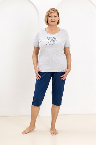 Pijama de algodón para mujer Regina 732 azul marino - Camiseta estampada a rayas, Manga corta, Pantalón 3/4, 100% algodón